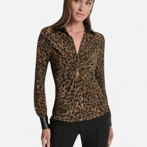 DKNY Leopard Print Long Sleeve Twist Bodice V Neck Blouse Sz XL